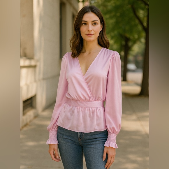 Express Tops - Express Pink Satin Long Sleeves, Faux Wrap Peplum Top, size: L.